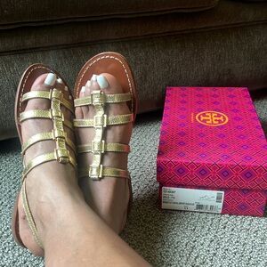 Tory Burch Gold Reggie Flat Strappy Sandals